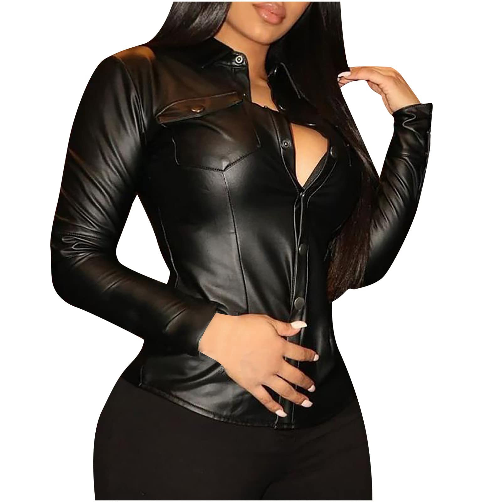 Chaqueta tipo camisa con botones a presión de piel sintética para mujer - Chaqueta motera de manga larga, material PU, informal/moda - Tallas S-XXL